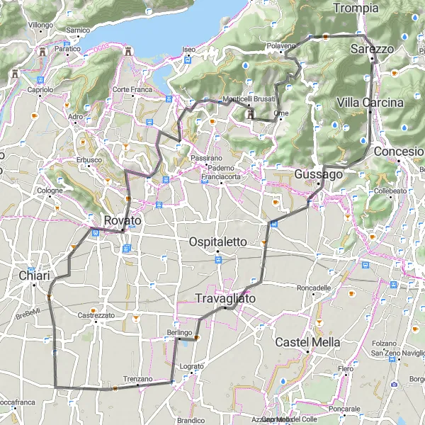 Miniatura della mappa di ispirazione al ciclismo "Tour Panoramico tra i Laghi di Sebino e d'Iseo" nella regione di Lombardia, Italy. Generata da Tarmacs.app, pianificatore di rotte ciclistiche