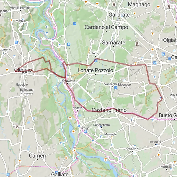 Miniatua del mapa de inspiración ciclista "Ruta de grava a través de Arconate y Borsano" en Lombardia, Italy. Generado por Tarmacs.app planificador de rutas ciclistas