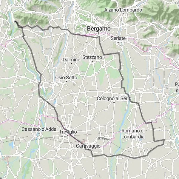 Map miniature of "Road to Villa d'Adda" cycling inspiration in Lombardia, Italy. Generated by Tarmacs.app cycling route planner