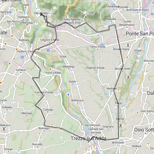 Map miniature of "Colle di Monte Albano Circuit" cycling inspiration in Lombardia, Italy. Generated by Tarmacs.app cycling route planner