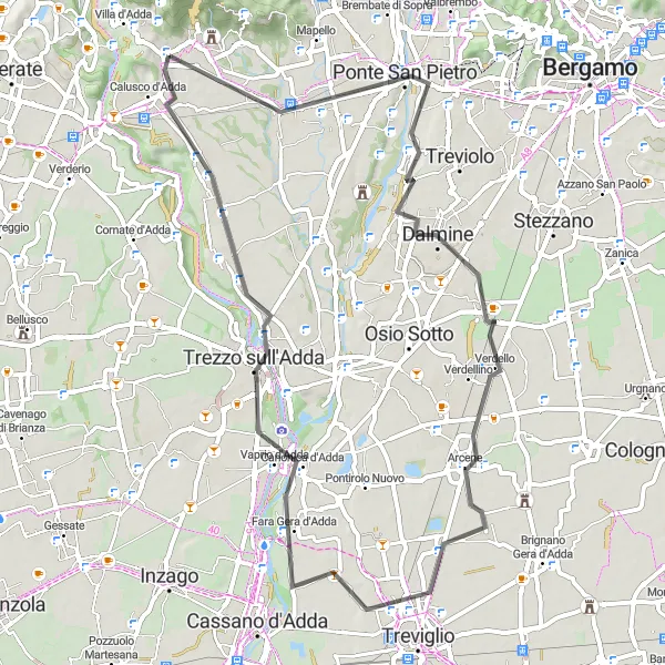 Miniatura della mappa di ispirazione al ciclismo "Esplorazione dei dintorni di Villa d'Adda in bicicletta" nella regione di Lombardia, Italy. Generata da Tarmacs.app, pianificatore di rotte ciclistiche