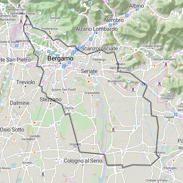 Miniatua del mapa de inspiración ciclista "Ruta de Carretera por Torre Boldone y Urgnano" en Lombardia, Italy. Generado por Tarmacs.app planificador de rutas ciclistas
