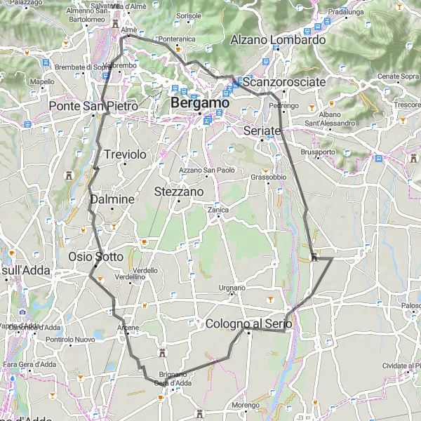 Miniaturní mapa "Silniční okruh Torre Boldone - Ciserano" inspirace pro cyklisty v oblasti Lombardia, Italy. Vytvořeno pomocí plánovače tras Tarmacs.app