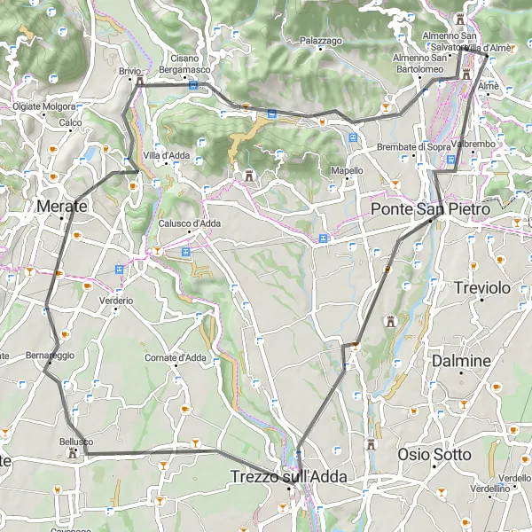 Miniaturní mapa "Trasa Ponte San Pietro" inspirace pro cyklisty v oblasti Lombardia, Italy. Vytvořeno pomocí plánovače tras Tarmacs.app