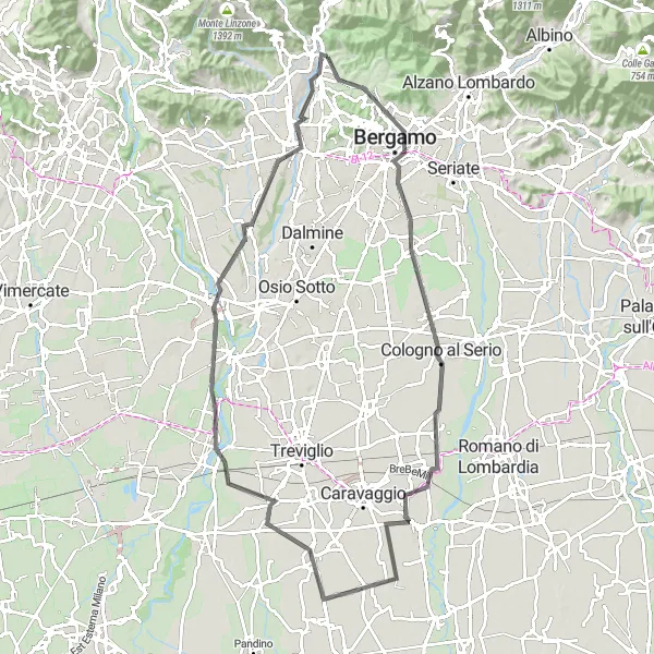 Miniaturní mapa "Trasa Bergamo" inspirace pro cyklisty v oblasti Lombardia, Italy. Vytvořeno pomocí plánovače tras Tarmacs.app