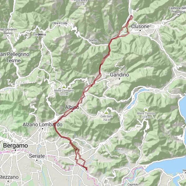 Miniatura della mappa di ispirazione al ciclismo "Avventuroso percorso in mountain bike nei dintorni di Villa d'Ogna" nella regione di Lombardia, Italy. Generata da Tarmacs.app, pianificatore di rotte ciclistiche