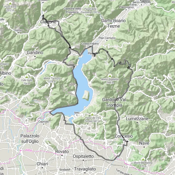 Miniatua del mapa de inspiración ciclista "Experiencia ciclista a través de Sarezzo y Monte di Fantecolo" en Lombardia, Italy. Generado por Tarmacs.app planificador de rutas ciclistas