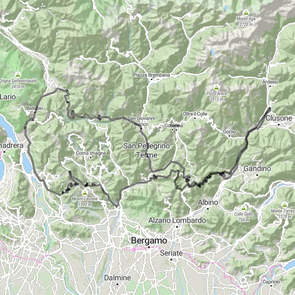 Miniatura della mappa di ispirazione al ciclismo "Giro delle Orobie Bergamasche" nella regione di Lombardia, Italy. Generata da Tarmacs.app, pianificatore di rotte ciclistiche