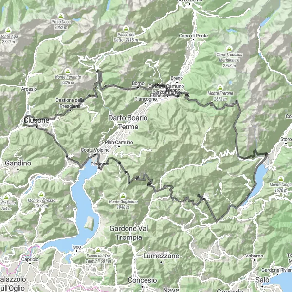 Mapa miniatúra "Villa d'Ogna - Croce di Salven - Passo di Crocedomini - Lago d'Idro - Costa dei Ronchi - Pisogne - Villa d'Ogna" cyklistická inšpirácia v Lombardia, Italy. Vygenerované cyklistickým plánovačom trás Tarmacs.app