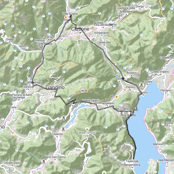 Mapa miniatúra "Okolité kopce a doliny okolo Villa d'Ogna" cyklistická inšpirácia v Lombardia, Italy. Vygenerované cyklistickým plánovačom trás Tarmacs.app
