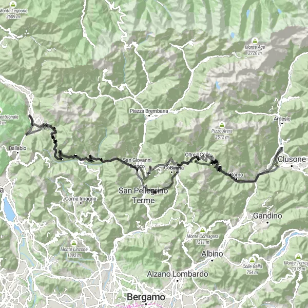 Zemljevid v pomanjšavi "Gorska pot okoli Bergama" kolesarske inspiracije v Lombardia, Italy. Generirano z načrtovalcem kolesarskih poti Tarmacs.app