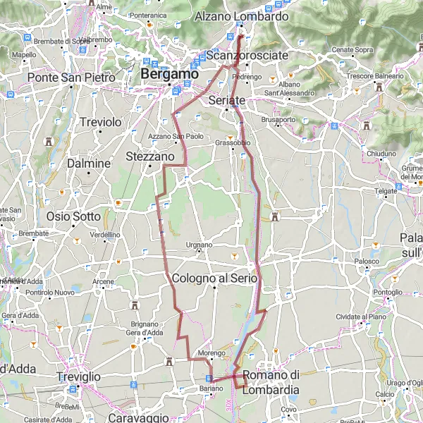 Map miniature of "Seriate to Gorle Gravel Route" cycling inspiration in Lombardia, Italy. Generated by Tarmacs.app cycling route planner