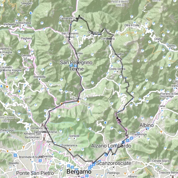 Map miniature of "Mountainous Road Circuit from Torre Boldone to Nembro" cycling inspiration in Lombardia, Italy. Generated by Tarmacs.app cycling route planner