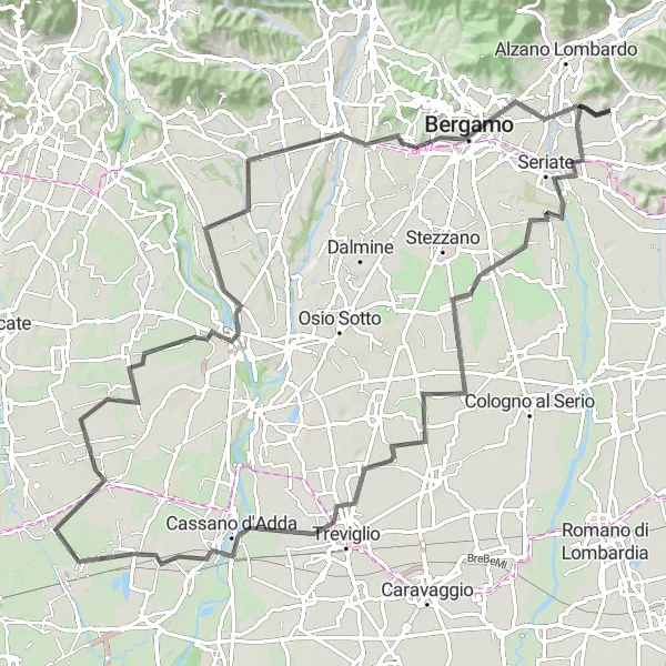 Miniatua del mapa de inspiración ciclista "Ruta en Carretera a Bergamo" en Lombardia, Italy. Generado por Tarmacs.app planificador de rutas ciclistas