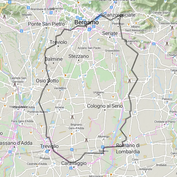 Map miniature of "Rolling Hills Road Bike Loop from Bagnatica to Vista sui paesi circostanti e Città Alta" cycling inspiration in Lombardia, Italy. Generated by Tarmacs.app cycling route planner