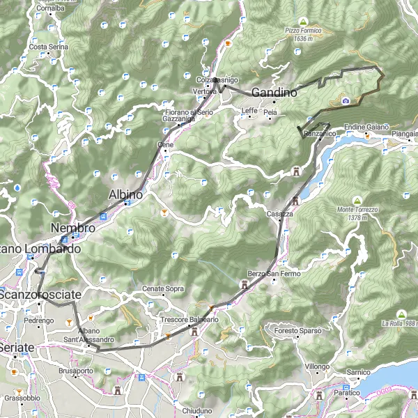 Map miniature of "Challenging Road Bike Route from Alzano Lombardo to Monte San Giorgio" cycling inspiration in Lombardia, Italy. Generated by Tarmacs.app cycling route planner