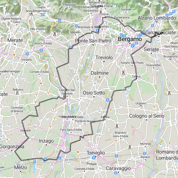 Zemljevid v pomanjšavi "Cestni kolesarski izlet s čudovitimi razgledi" kolesarske inspiracije v Lombardia, Italy. Generirano z načrtovalcem kolesarskih poti Tarmacs.app