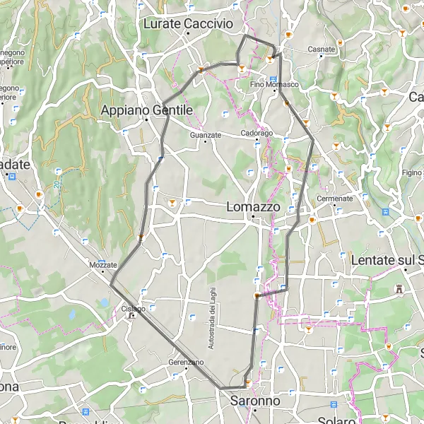 Mapa miniatúra "Okruh cez Portichetto a Lurago Marinone" cyklistická inšpirácia v Lombardia, Italy. Vygenerované cyklistickým plánovačom trás Tarmacs.app