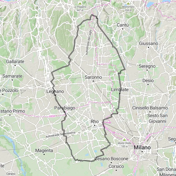 Miniatua del mapa de inspiración ciclista "Ruta en Carretera de Villa Guardia a Lurago Marinone" en Lombardia, Italy. Generado por Tarmacs.app planificador de rutas ciclistas