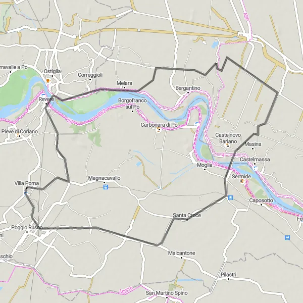 Miniatura della mappa di ispirazione al ciclismo "Giro in bicicletta da Villa Poma a Poggio Rusco attraverso Melara e Castelnovo Bariano" nella regione di Lombardia, Italy. Generata da Tarmacs.app, pianificatore di rotte ciclistiche