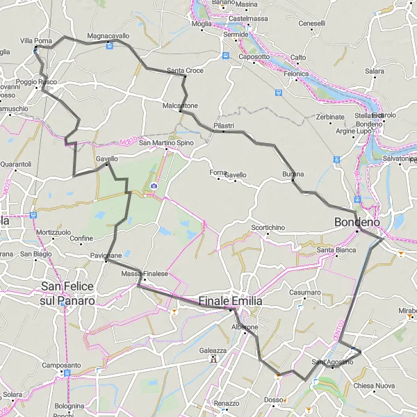 Miniatura della mappa di ispirazione al ciclismo "Escursione Bondeno - Finale Emilia" nella regione di Lombardia, Italy. Generata da Tarmacs.app, pianificatore di rotte ciclistiche