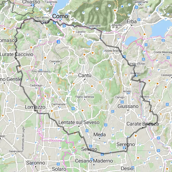 Kartminiatyr av "Spennende rute med variert terreng" sykkelinspirasjon i Lombardia, Italy. Generert av Tarmacs.app sykkelrutoplanlegger