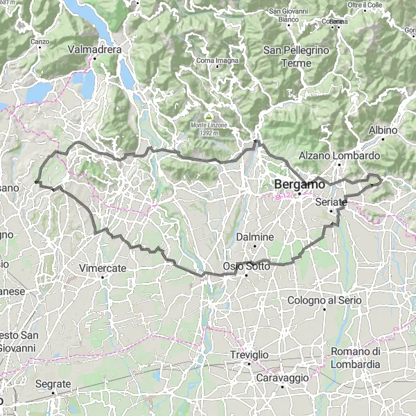 Miniatura della mappa di ispirazione al ciclismo "Tour delle Colline Bergamasche" nella regione di Lombardia, Italy. Generata da Tarmacs.app, pianificatore di rotte ciclistiche