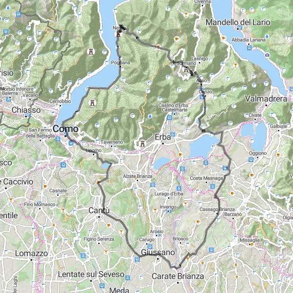 Miniature de la carte de l'inspiration cycliste "Les Lacs de Côme et Lecco" dans la Lombardia, Italy. Générée par le planificateur d'itinéraire cycliste Tarmacs.app