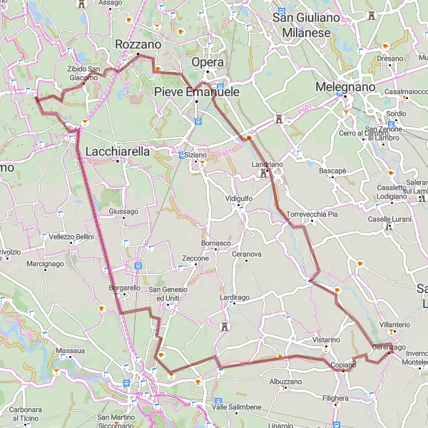 Karten-Miniaturansicht der Radinspiration "Rundfahrt durch Copiano, Borgarello und Binasco" in Lombardia, Italy. Erstellt vom Tarmacs.app-Routenplaner für Radtouren