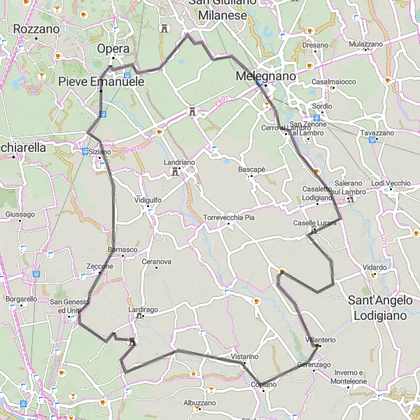 Miniatua del mapa de inspiración ciclista "Ruta por carretera a Pieve Emanuele" en Lombardia, Italy. Generado por Tarmacs.app planificador de rutas ciclistas