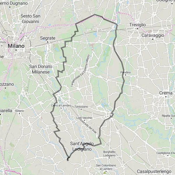 Miniatuurkaart van de fietsinspiratie "Rondrit van Villanterio naar Lodi" in Lombardia, Italy. Gemaakt door de Tarmacs.app fietsrouteplanner