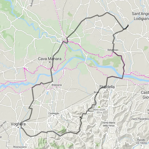 Miniatura della mappa di ispirazione al ciclismo "Villanterio - Pavia - Villanterio" nella regione di Lombardia, Italy. Generata da Tarmacs.app, pianificatore di rotte ciclistiche