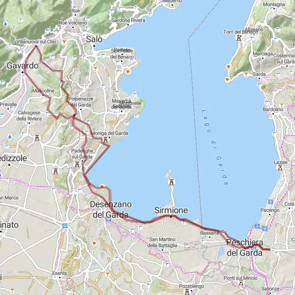 Zemljevid v pomanjšavi "Gravel pot do Padenghe sul Garda" kolesarske inspiracije v Lombardia, Italy. Generirano z načrtovalcem kolesarskih poti Tarmacs.app