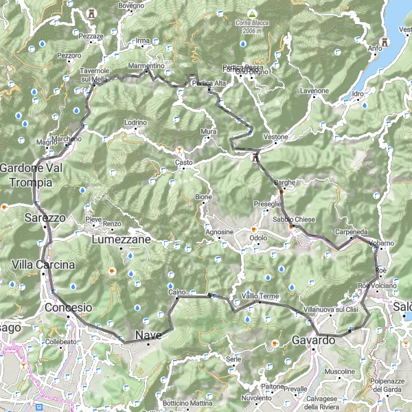 Zemljevid v pomanjšavi "Villanuova sul Clisi - Gavardo - Monte Paina - Dosso dei Morti - Bovezzo - Gardone Val Trompia - Dosso della Guarda - Passo del Santellone - Pertica Alta - I Dossi - Sabbio Chiese - Roè Volciano - Monte Covolo" kolesarske inspiracije v Lombardia, Italy. Generirano z načrtovalcem kolesarskih poti Tarmacs.app