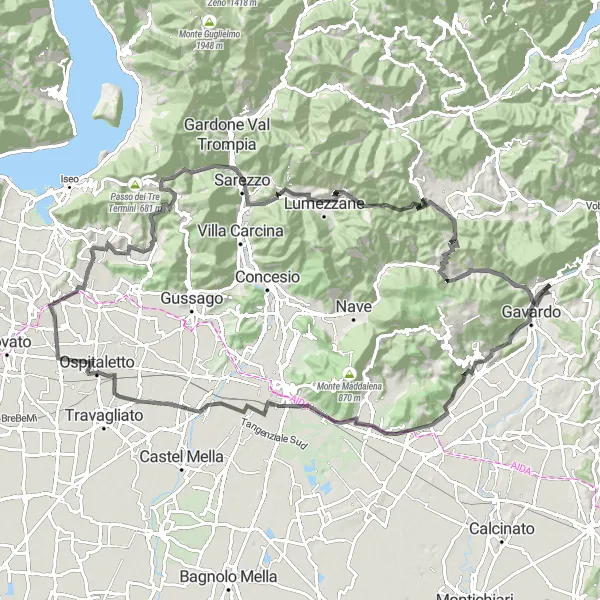 Zemljevid v pomanjšavi "Cikelj v Lombardiji: Dolga pot okoli Villanuova sul Clisi" kolesarske inspiracije v Lombardia, Italy. Generirano z načrtovalcem kolesarskih poti Tarmacs.app