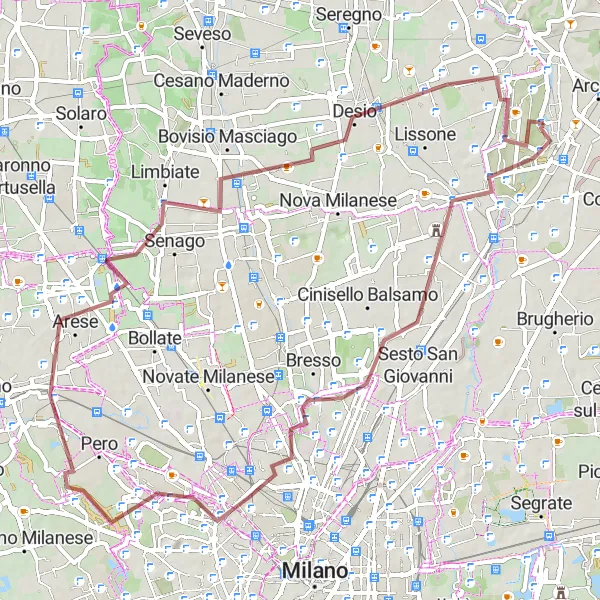 Miniaturní mapa "Villasanta - Affori - Monte Stella - Quartiere Gallaratese - Senago - Varedo - Collinetta di Vedano cyklistická trasa" inspirace pro cyklisty v oblasti Lombardia, Italy. Vytvořeno pomocí plánovače tras Tarmacs.app