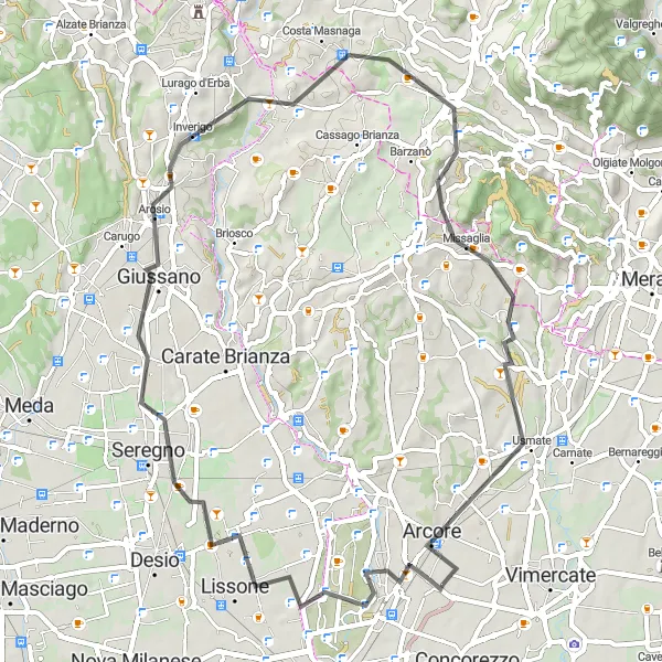 Miniatuurkaart van de fietsinspiratie "Rit rond Villasanta via Vedano en Arcore" in Lombardia, Italy. Gemaakt door de Tarmacs.app fietsrouteplanner
