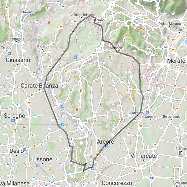 Kartminiatyr av "Villasanta til Arcore Road Cycling Route" sykkelinspirasjon i Lombardia, Italy. Generert av Tarmacs.app sykkelrutoplanlegger