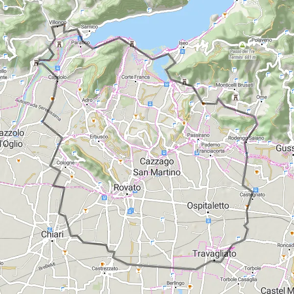 Miniaturekort af cykelinspirationen "Landevejscykelrute i nærheden af Villongo" i Lombardia, Italy. Genereret af Tarmacs.app cykelruteplanlægger