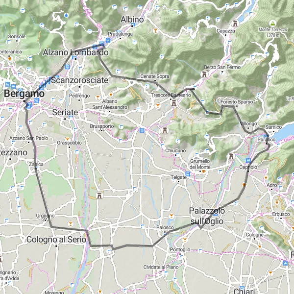Map miniature of "Villongo to Monte Sant'Onofrio Cycling Route" cycling inspiration in Lombardia, Italy. Generated by Tarmacs.app cycling route planner