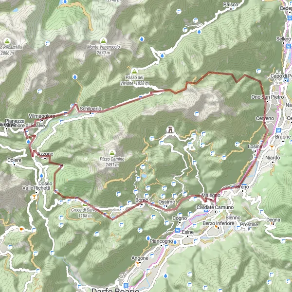 Mapa miniatúra "Vilminore di Scalve - Schilpario - Monte Campioncino - Pescarzo - Colle Montepiano - Borno - Croce di Salven - Dezzolo" cyklistická inšpirácia v Lombardia, Italy. Vygenerované cyklistickým plánovačom trás Tarmacs.app