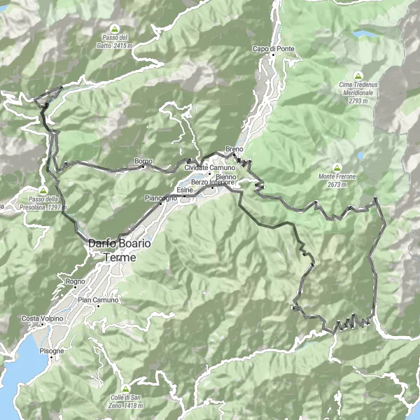 Miniatura della mappa di ispirazione al ciclismo "Alla scoperta delle Alpi Orobie in bicicletta" nella regione di Lombardia, Italy. Generata da Tarmacs.app, pianificatore di rotte ciclistiche