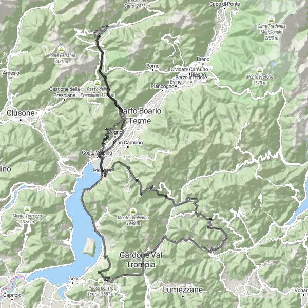 Miniatura mapy "Wspaniała trasa rowerowa w okolicy Vilminore di Scalve" - trasy rowerowej w Lombardia, Italy. Wygenerowane przez planer tras rowerowych Tarmacs.app