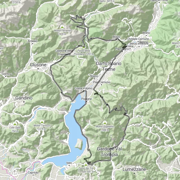Kartminiatyr av "Panoramautsikt fra landevei rundt Vilminore di Scalve" sykkelinspirasjon i Lombardia, Italy. Generert av Tarmacs.app sykkelrutoplanlegger