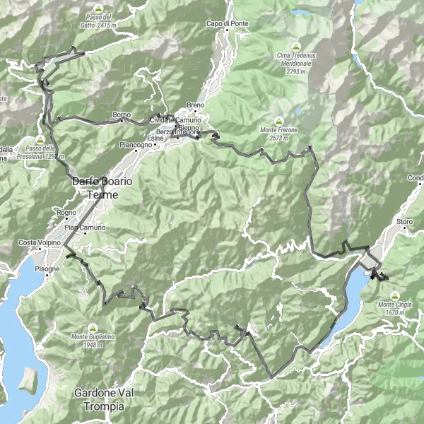 Mapa miniatúra "Vilminore di Scalve - Croce di Salven - Bazena - Bagolino - Lago d'Idro - Passo del Santellone - Colle di San Zeno" cyklistická inšpirácia v Lombardia, Italy. Vygenerované cyklistickým plánovačom trás Tarmacs.app