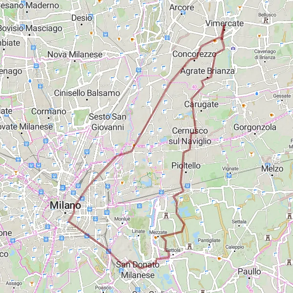 Zemljevid v pomanjšavi "Gravelska kolesarska pot okoli Vimercate" kolesarske inspiracije v Lombardia, Italy. Generirano z načrtovalcem kolesarskih poti Tarmacs.app