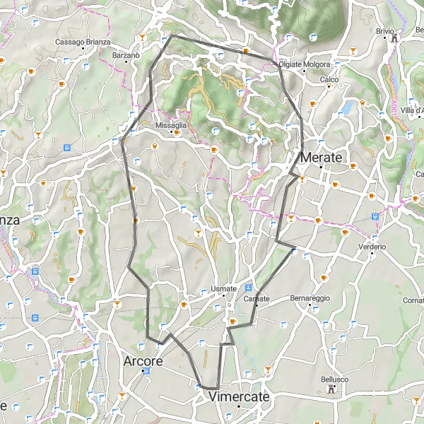 Miniatura della mappa di ispirazione al ciclismo "Giro Panoramico Brianzolo" nella regione di Lombardia, Italy. Generata da Tarmacs.app, pianificatore di rotte ciclistiche