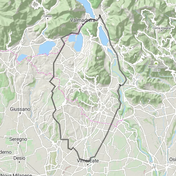 Map miniature of "Brianza Discovery Ride" cycling inspiration in Lombardia, Italy. Generated by Tarmacs.app cycling route planner