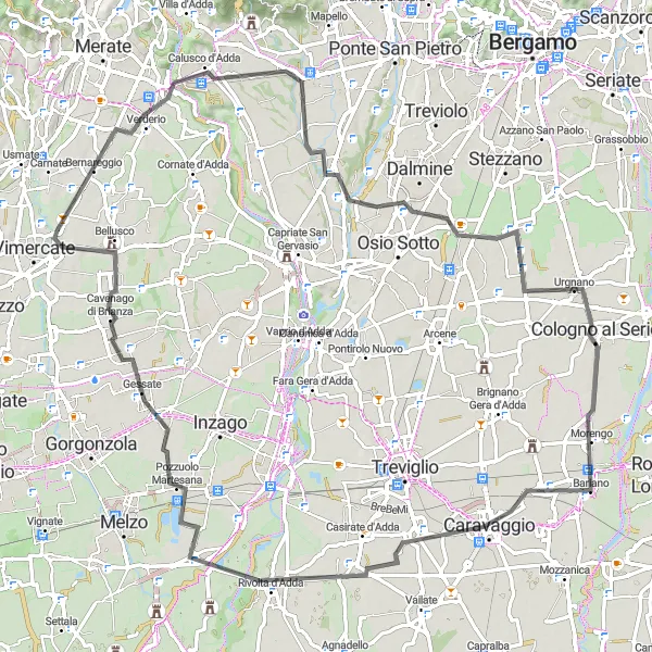 Miniatua del mapa de inspiración ciclista "Explora la campiña en bici: ruta moderada cerca de Vimercate" en Lombardia, Italy. Generado por Tarmacs.app planificador de rutas ciclistas