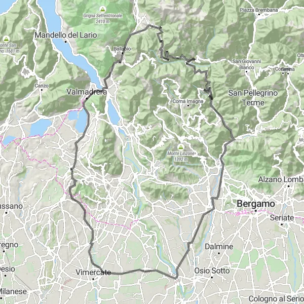 Miniaturní mapa "Náročný okruh kolem Lecca" inspirace pro cyklisty v oblasti Lombardia, Italy. Vytvořeno pomocí plánovače tras Tarmacs.app